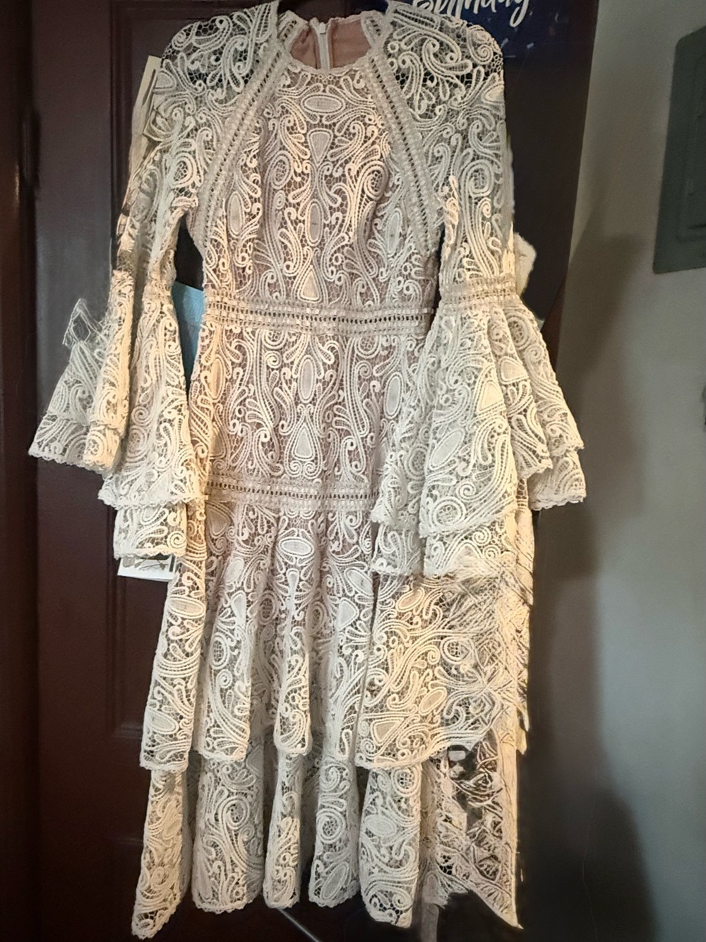 NWT Alexis Lace Lux Dress Tiered Ruffle Bell Sleeve Mindi (Measures S/M)